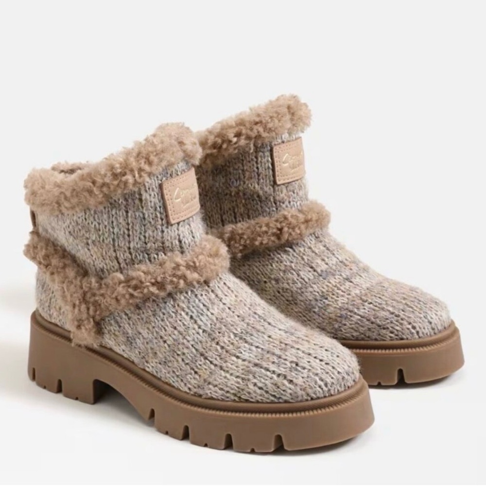 Sam Edelman Tan Knit Faux-Shearling Lug Ankle Boots